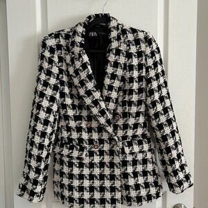 Zara Black White Tweed Check Double Breasted Blazer XS